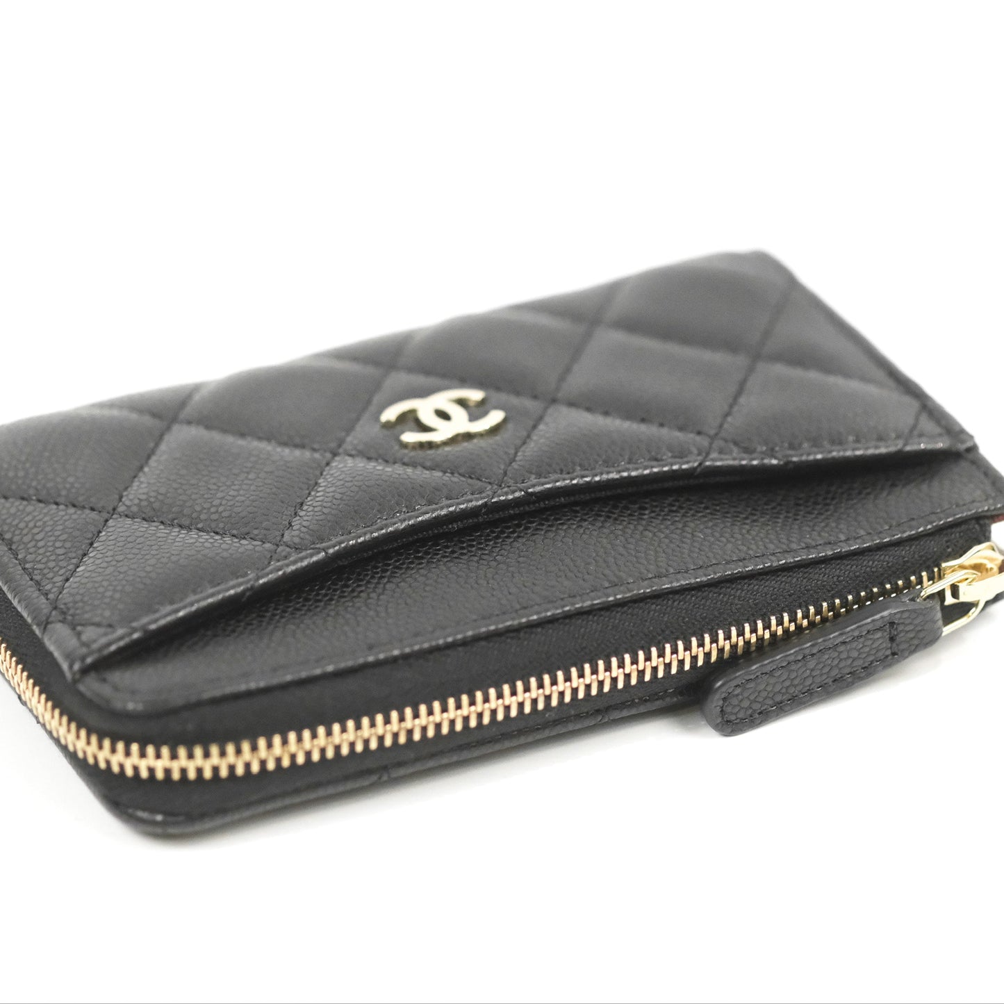 Chanel Quilted Zip Card Holder Black Caviar Gold Hardware 23S