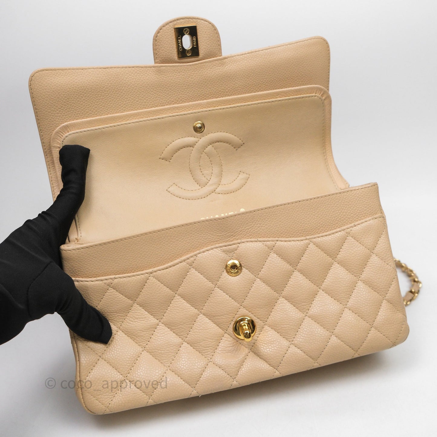 Chanel M/L Medium Classic Flap Quilted Beige Caviar Gold Hardware