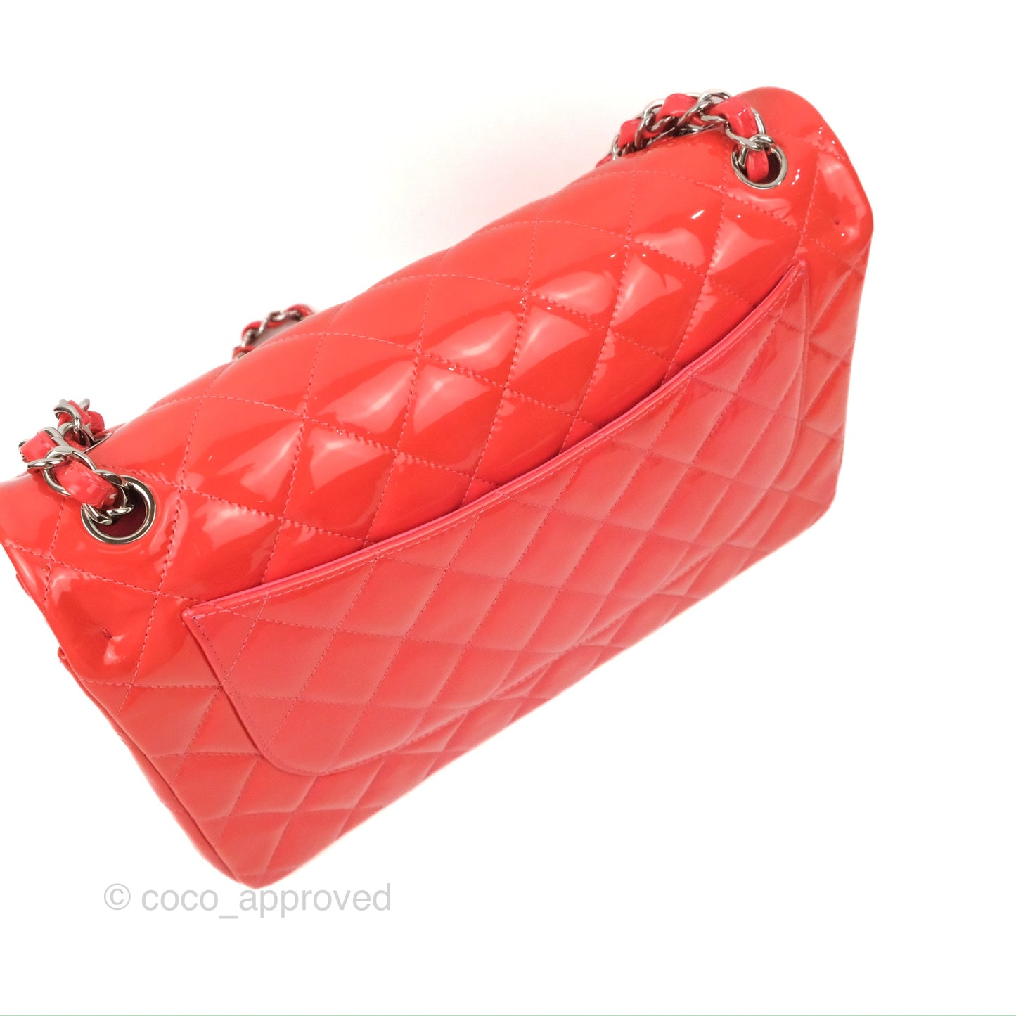 Chanel Jumbo Double Flap Coral Pink Patent Silver Hardware⁣⁣