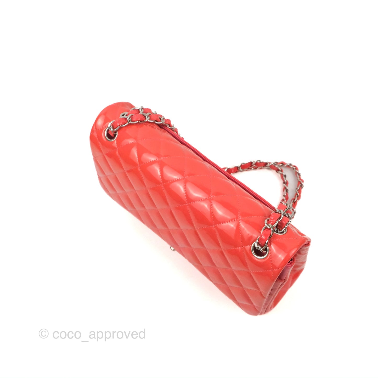Chanel Jumbo Double Flap Coral Pink Patent Silver Hardware⁣⁣
