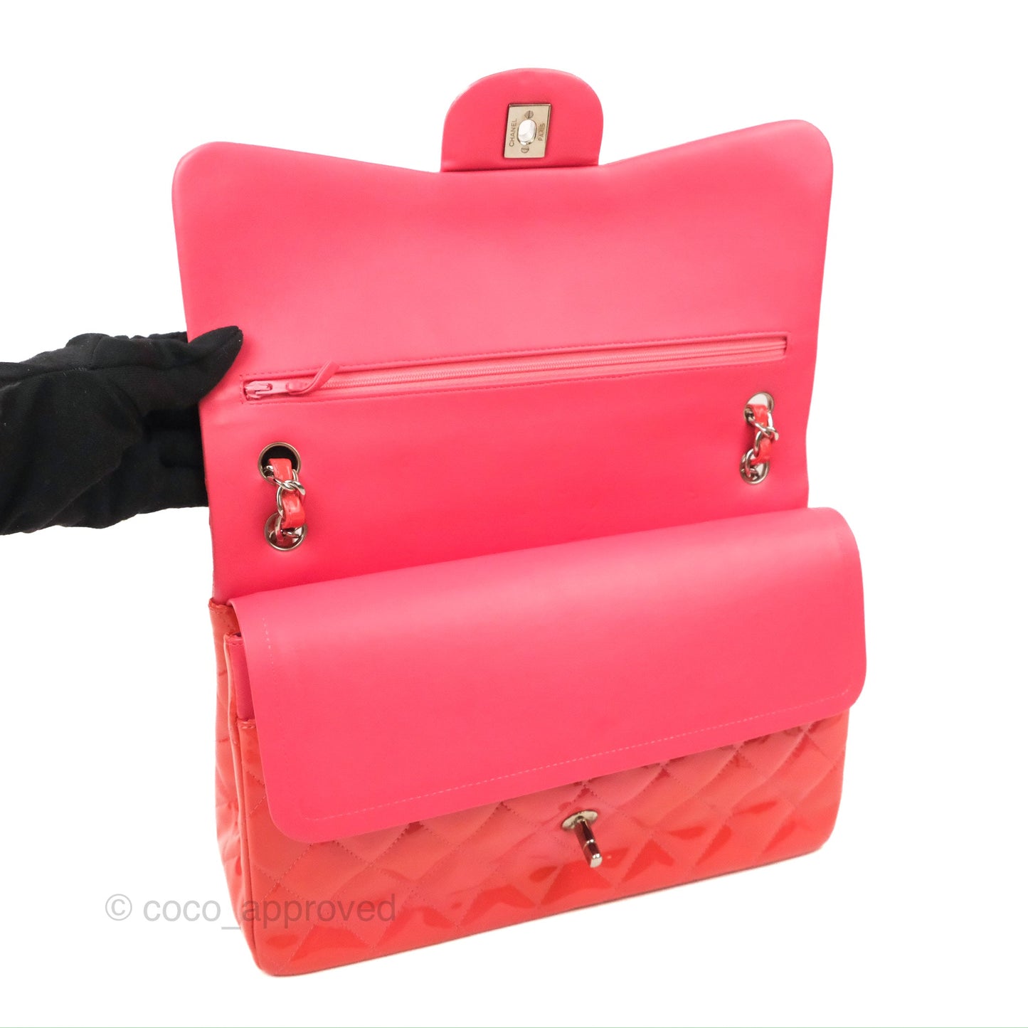 Chanel Jumbo Double Flap Coral Pink Patent Silver Hardware⁣⁣