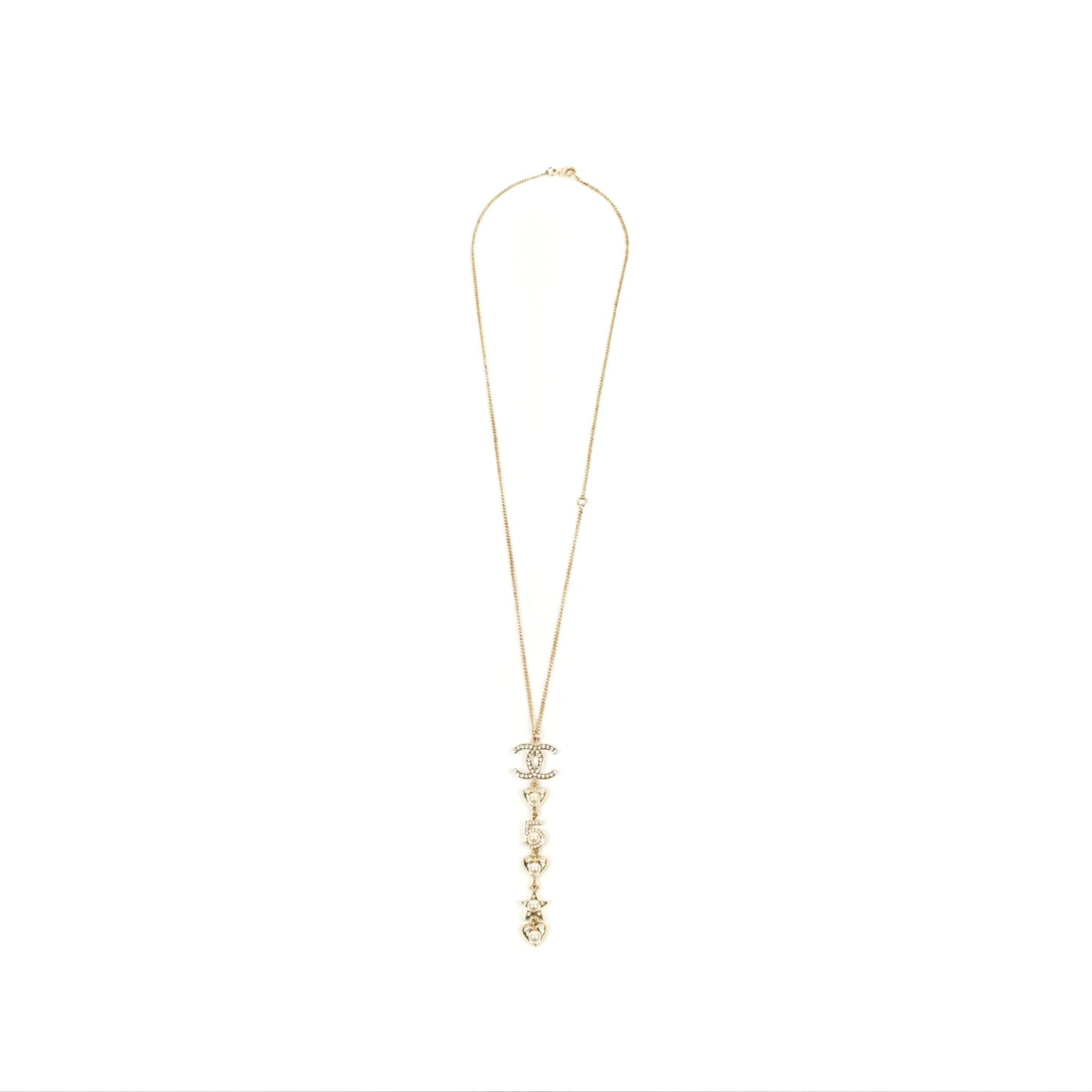 Chanel CC Crystal Pearl Heart Star Drop Necklace Gold Tone 19B
