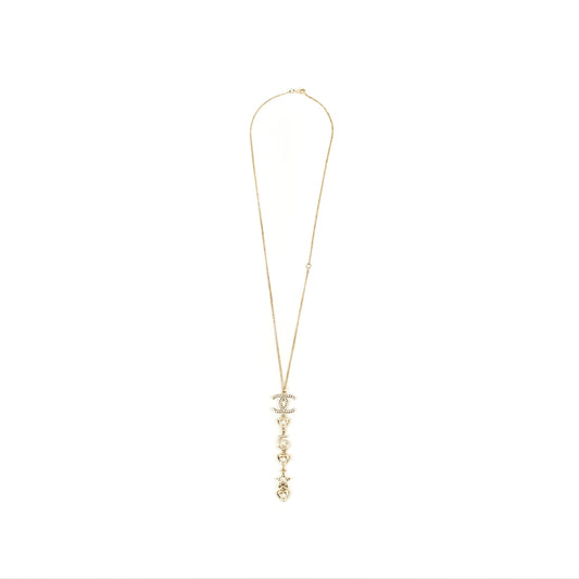 Chanel CC Crystal Pearl Heart Star Drop Necklace Gold Tone 19B