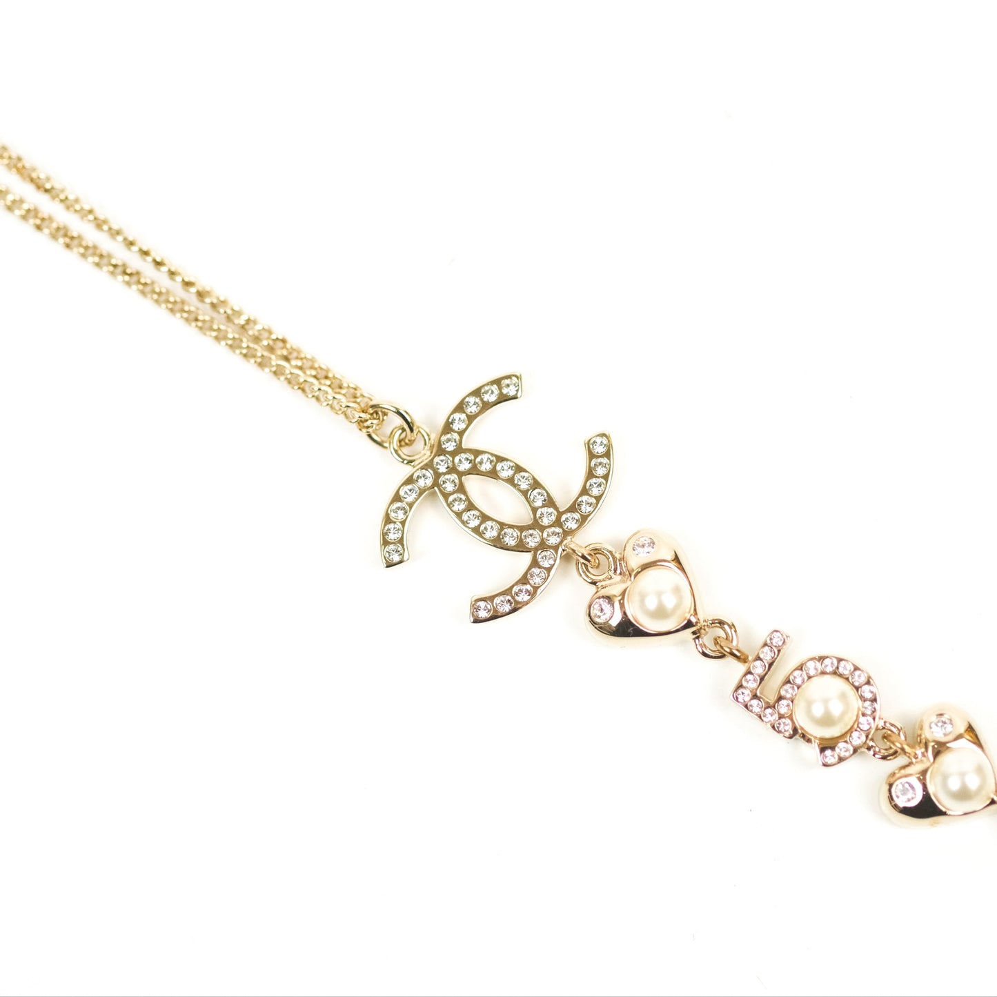 Chanel CC Crystal Pearl Heart Star Drop Necklace Gold Tone 19B