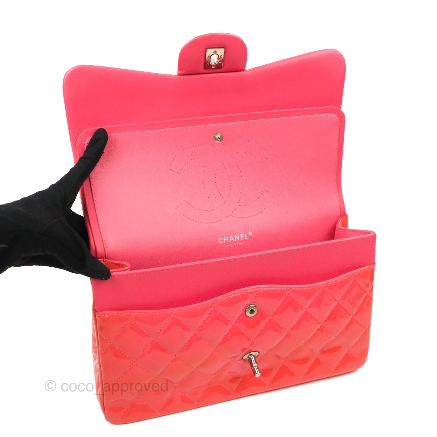 Chanel Jumbo Double Flap Coral Pink Patent Silver Hardware⁣⁣