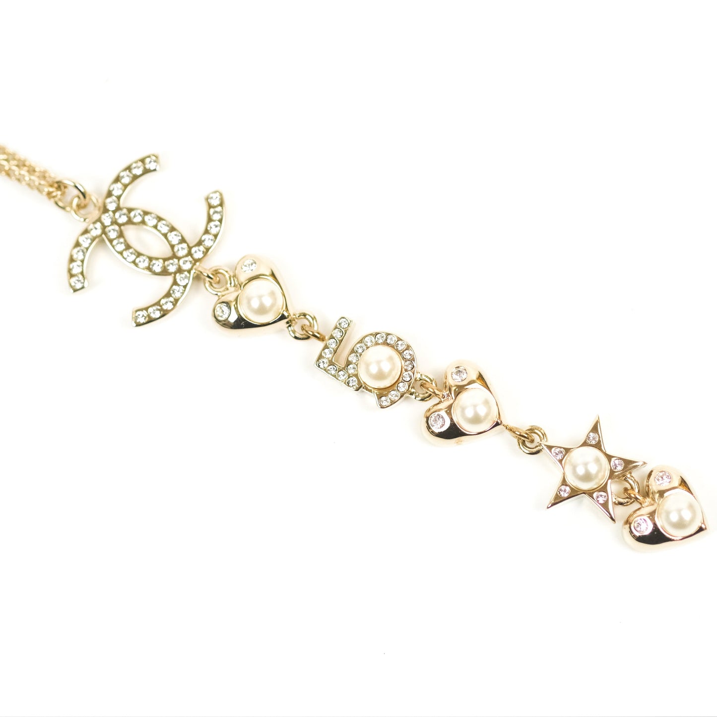 Chanel CC Crystal Pearl Heart Star Drop Necklace Gold Tone 19B