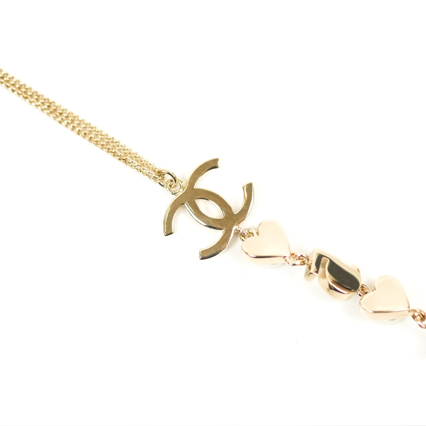 Chanel CC Crystal Pearl Heart Star Drop Necklace Gold Tone 19B