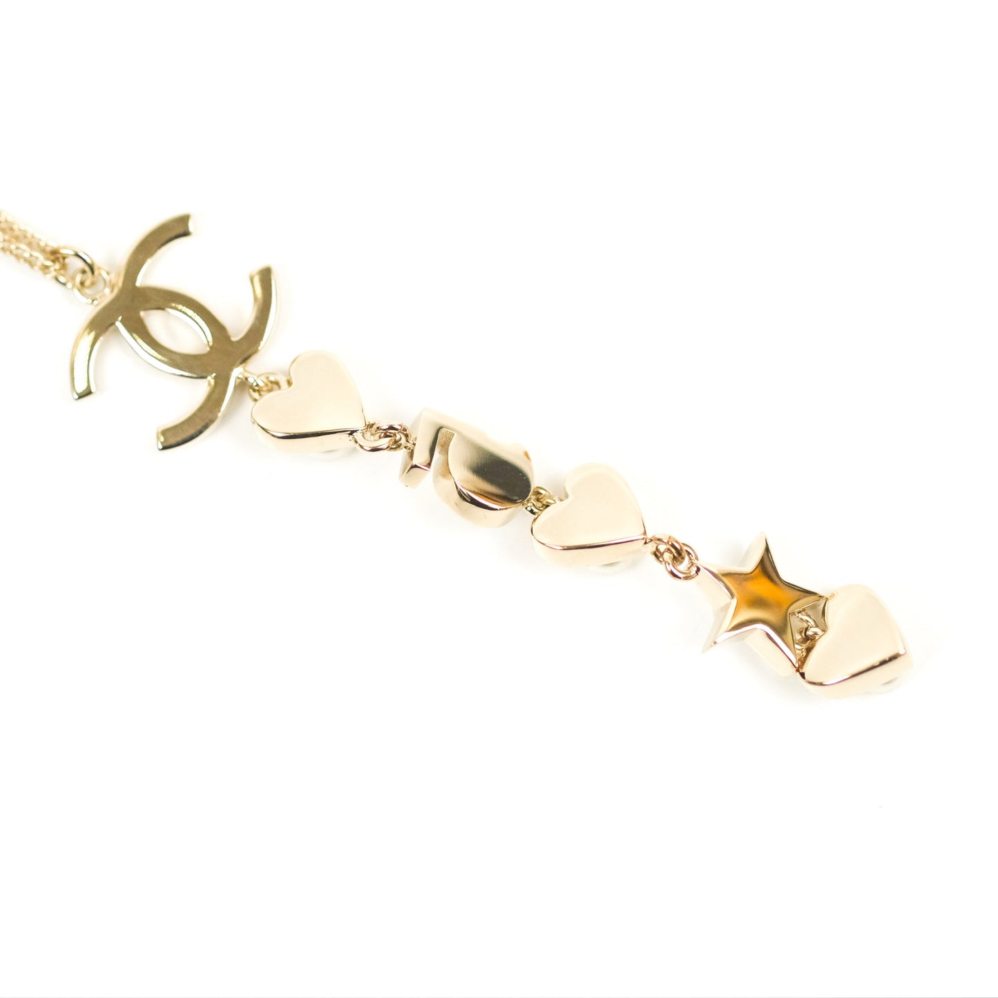 Chanel CC Crystal Pearl Heart Star Drop Necklace Gold Tone 19B