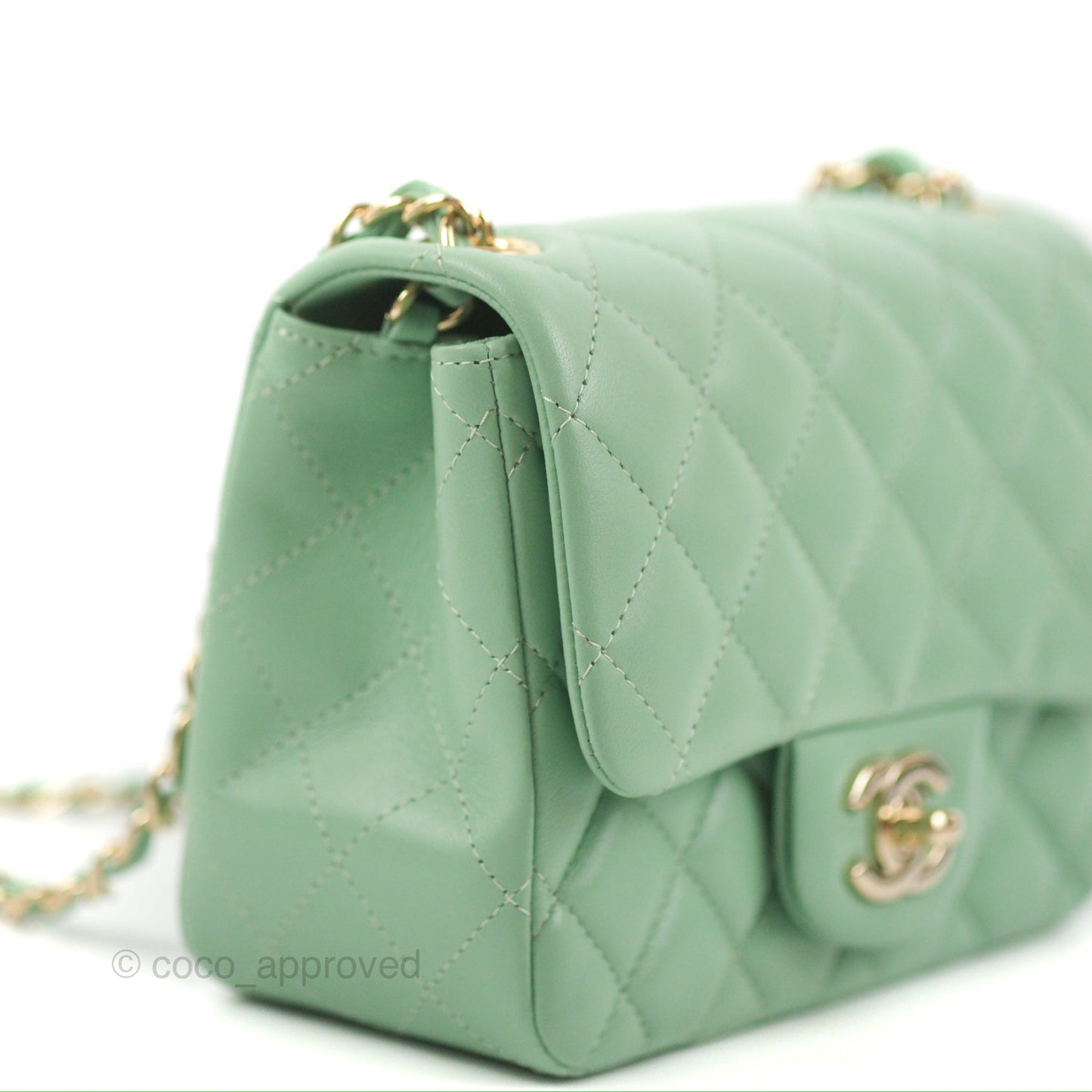 Chanel Quilted Mini Square Light Green Lambskin Gold Hardware