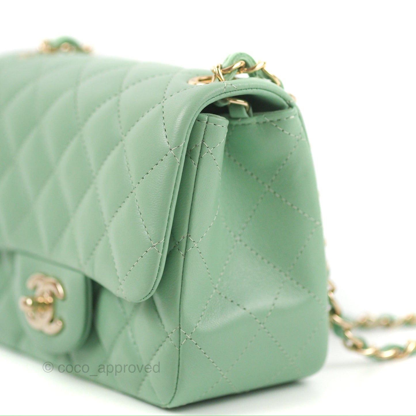 Chanel Quilted Mini Square Light Green Lambskin Gold Hardware