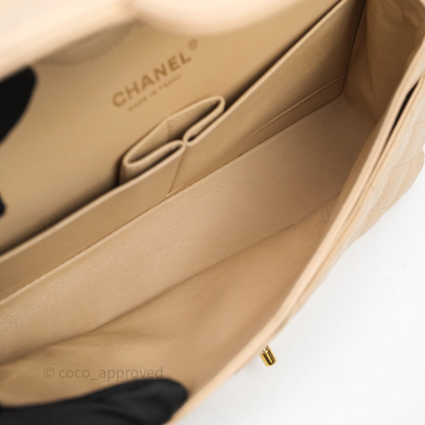 Chanel M/L Medium Classic Flap Quilted Beige Caviar Gold Hardware
