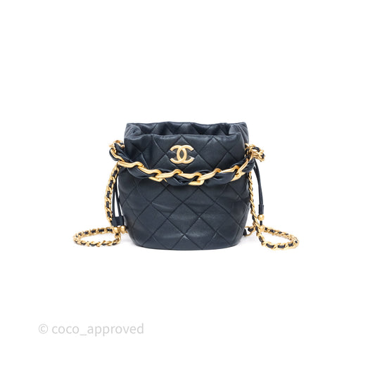 Chanel Small Entwined Chain Drawstring Bucket Bag Navy Lambskin Age Gold Hardware