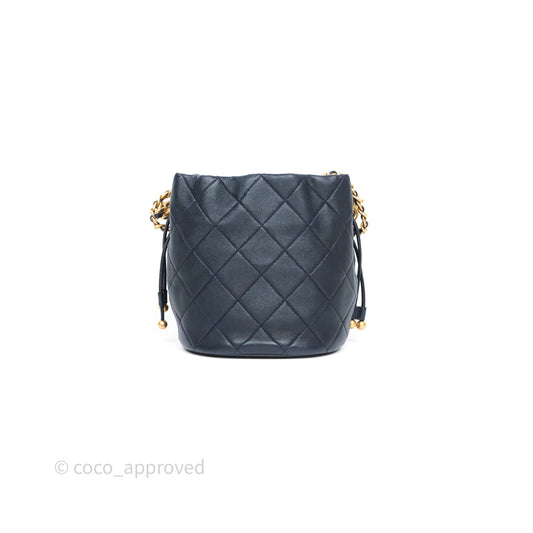 Chanel Small Entwined Chain Drawstring Bucket Bag Navy Lambskin Age Gold Hardware