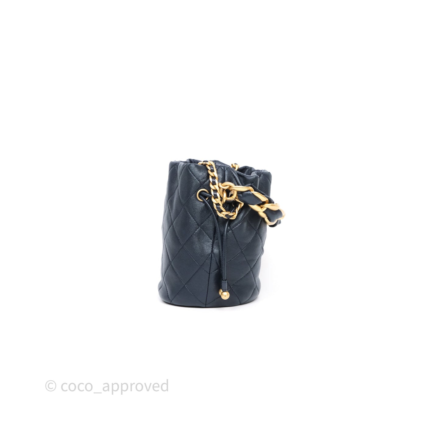 Chanel Small Entwined Chain Drawstring Bucket Bag Navy Lambskin Age Gold Hardware