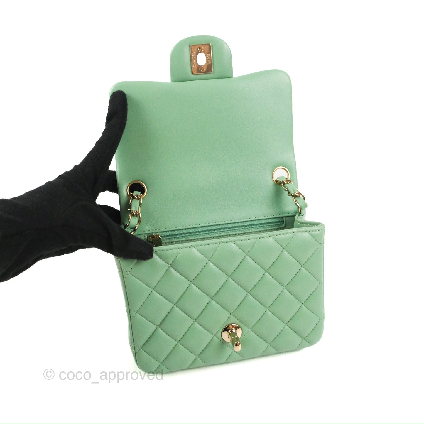Chanel Quilted Mini Square Light Green Lambskin Gold Hardware