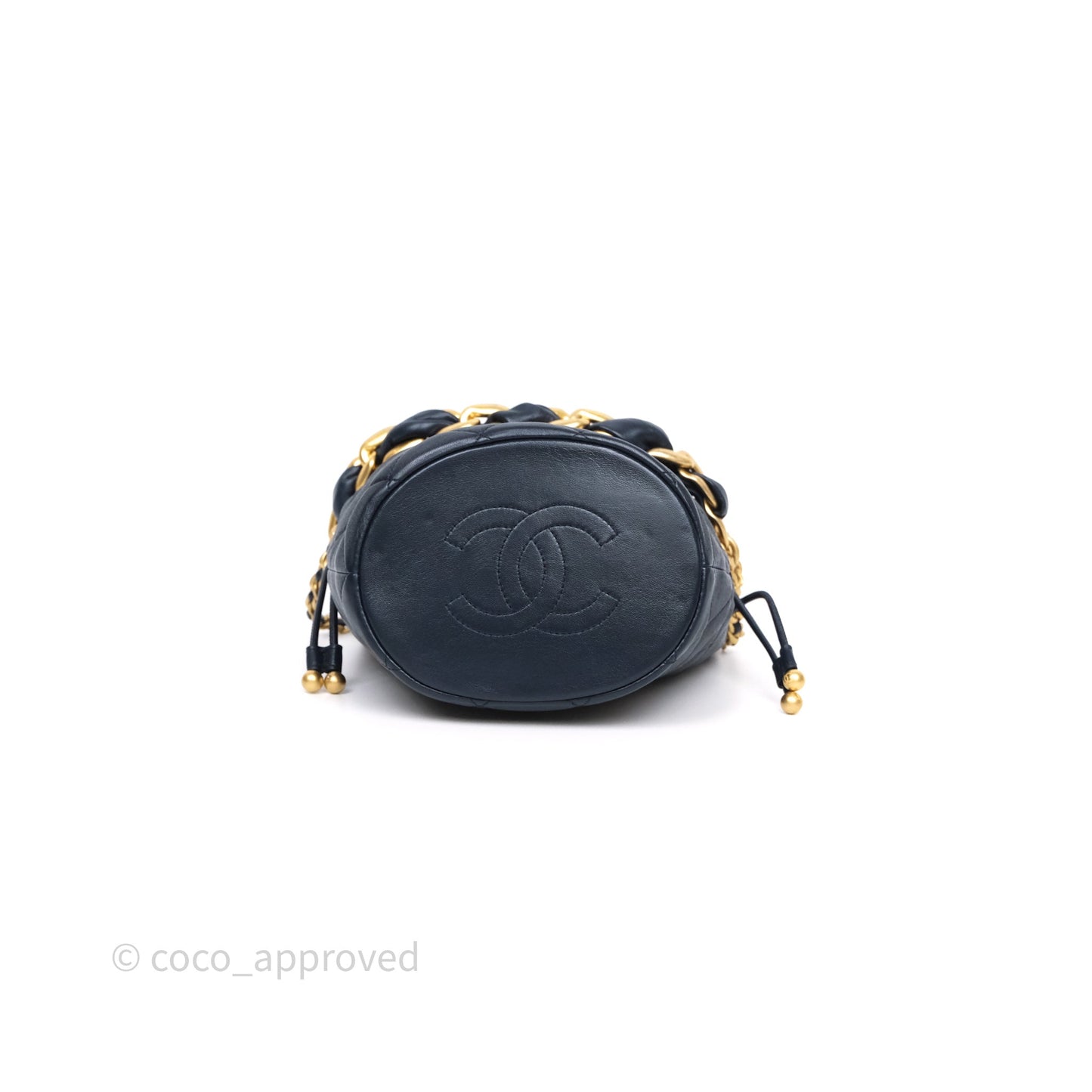 Chanel Small Entwined Chain Drawstring Bucket Bag Navy Lambskin Age Gold Hardware
