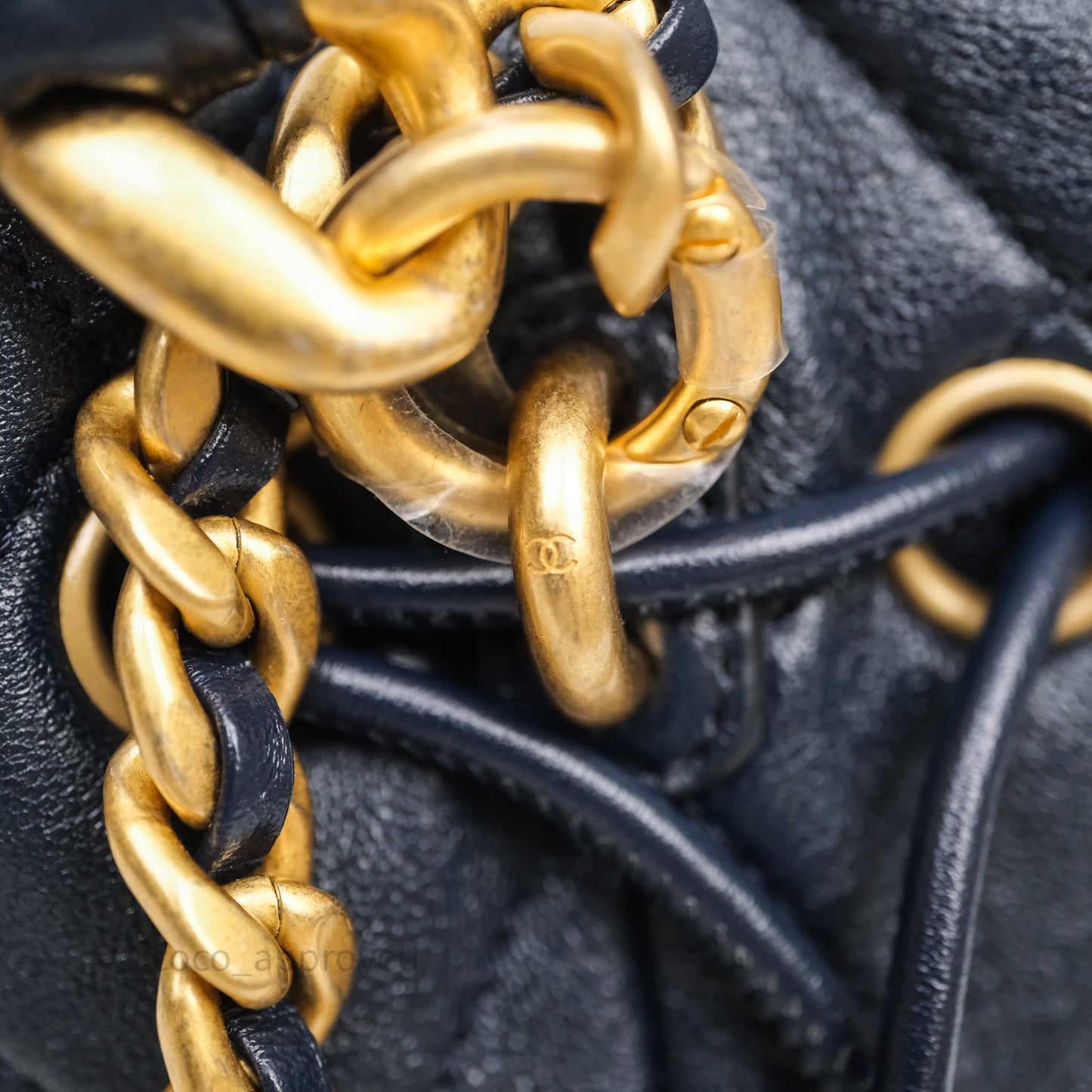 Chanel Small Entwined Chain Drawstring Bucket Bag Navy Lambskin Age Gold Hardware