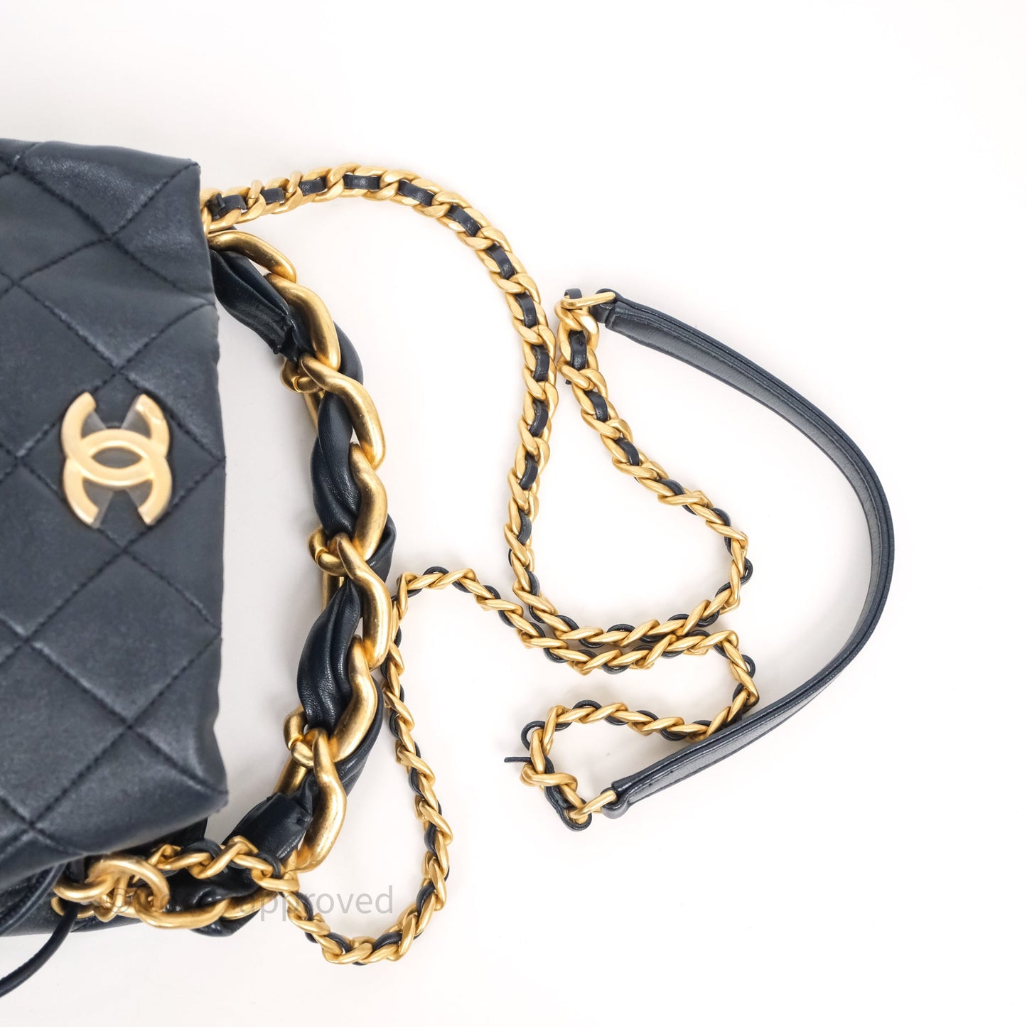 Chanel Small Entwined Chain Drawstring Bucket Bag Navy Lambskin Age Gold Hardware