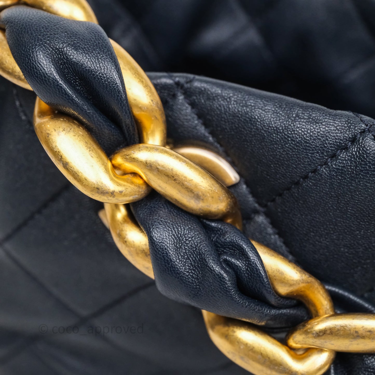 Chanel Small Entwined Chain Drawstring Bucket Bag Navy Lambskin Age Gold Hardware