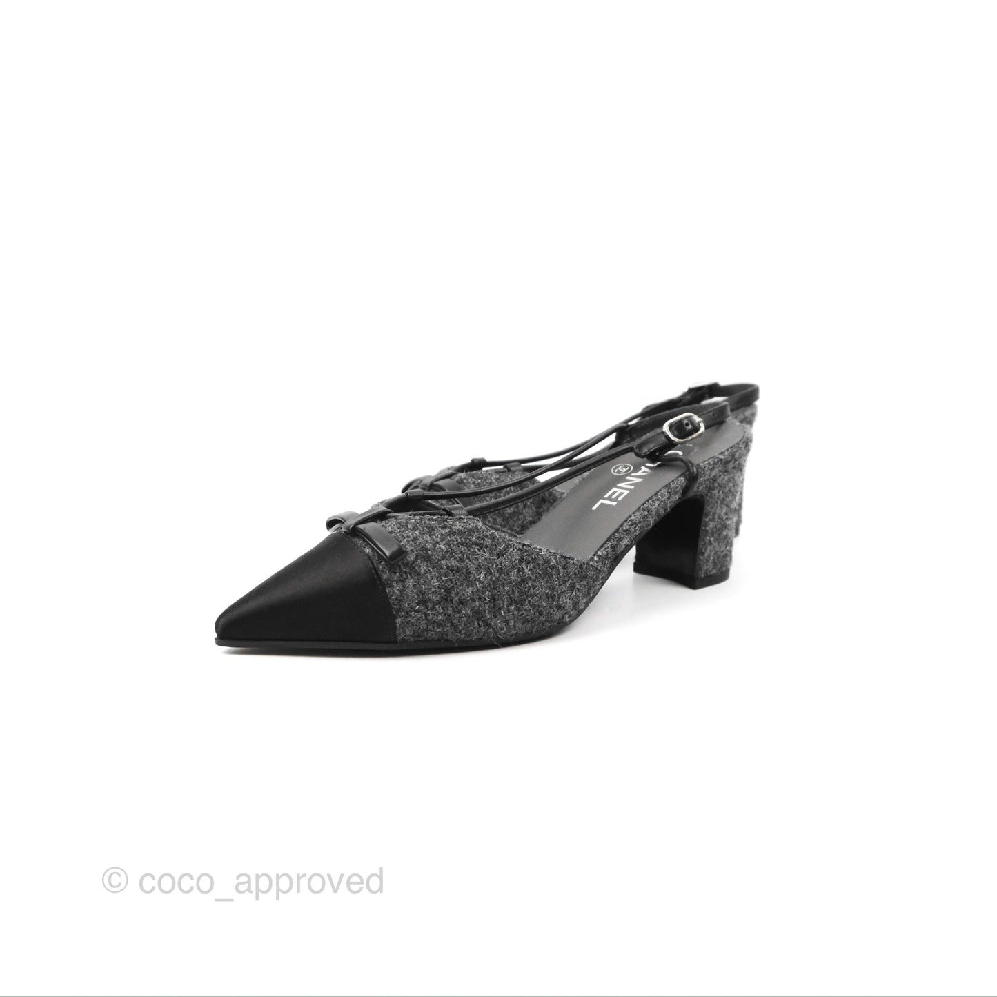 Chanel Slingback Pointed Bow Heels Black/Grey Tweed & Satin Size 38