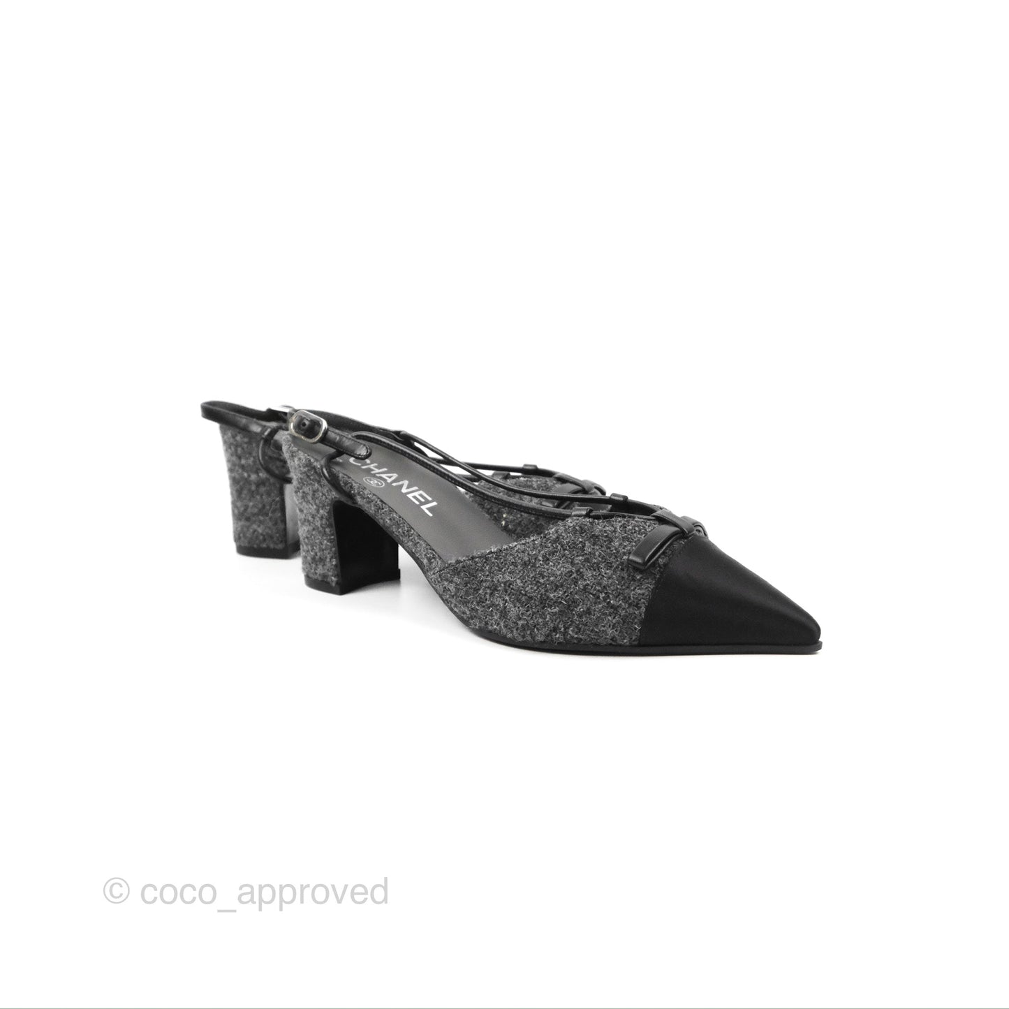 Chanel Slingback Pointed Bow Heels Black/Grey Tweed & Satin Size 38