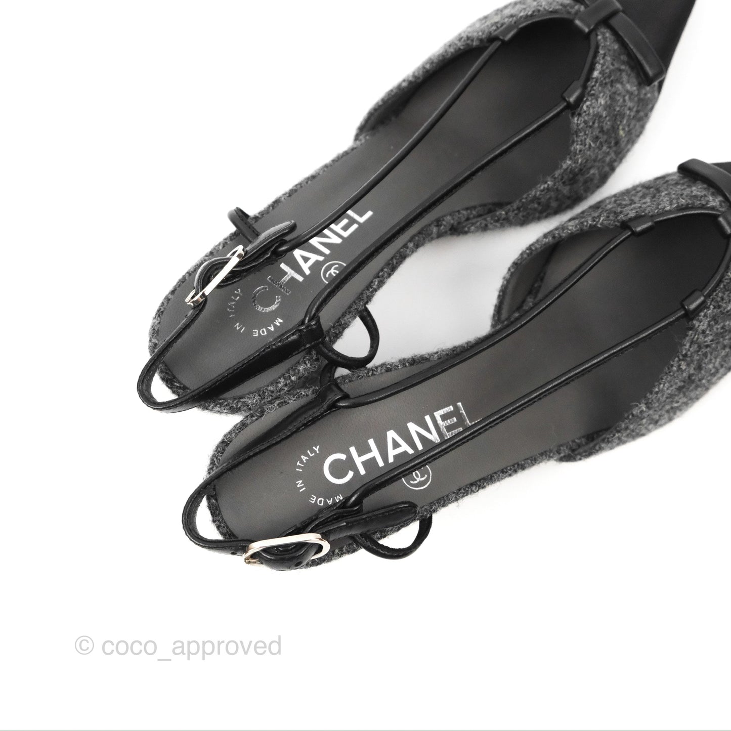 Chanel Slingback Pointed Bow Heels Black/Grey Tweed & Satin Size 38