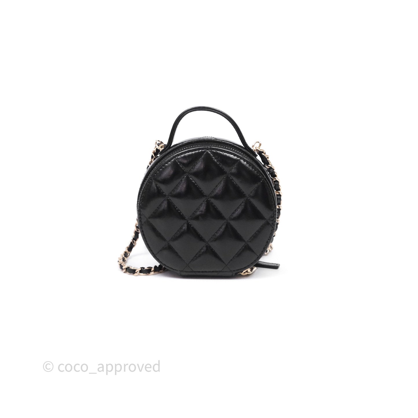 Chanel Mini Round Vanity Bag Handle With Care Black Glazed Lambskin Gold Hardware