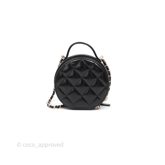 Chanel Mini Round Vanity Bag Handle With Care Black Glazed Lambskin Gold Hardware
