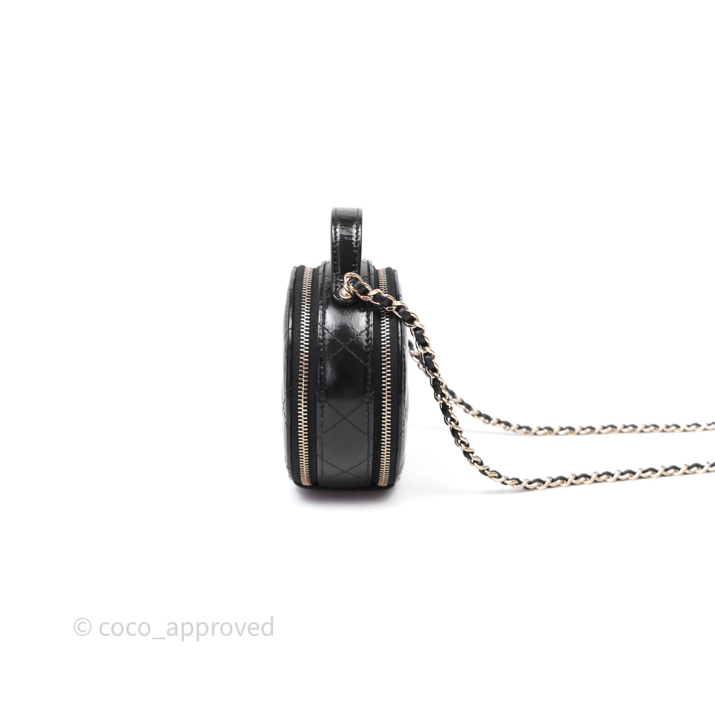Chanel Mini Round Vanity Bag Handle With Care Black Glazed Lambskin Gold Hardware