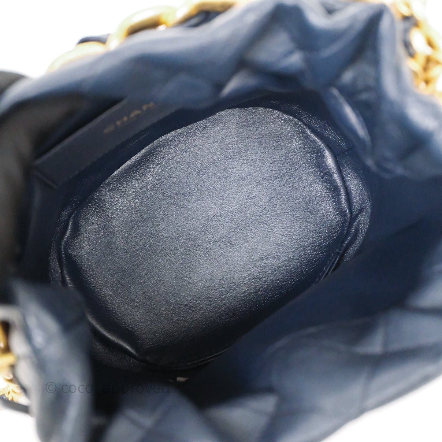 Chanel Small Entwined Chain Drawstring Bucket Bag Navy Lambskin Age Gold Hardware