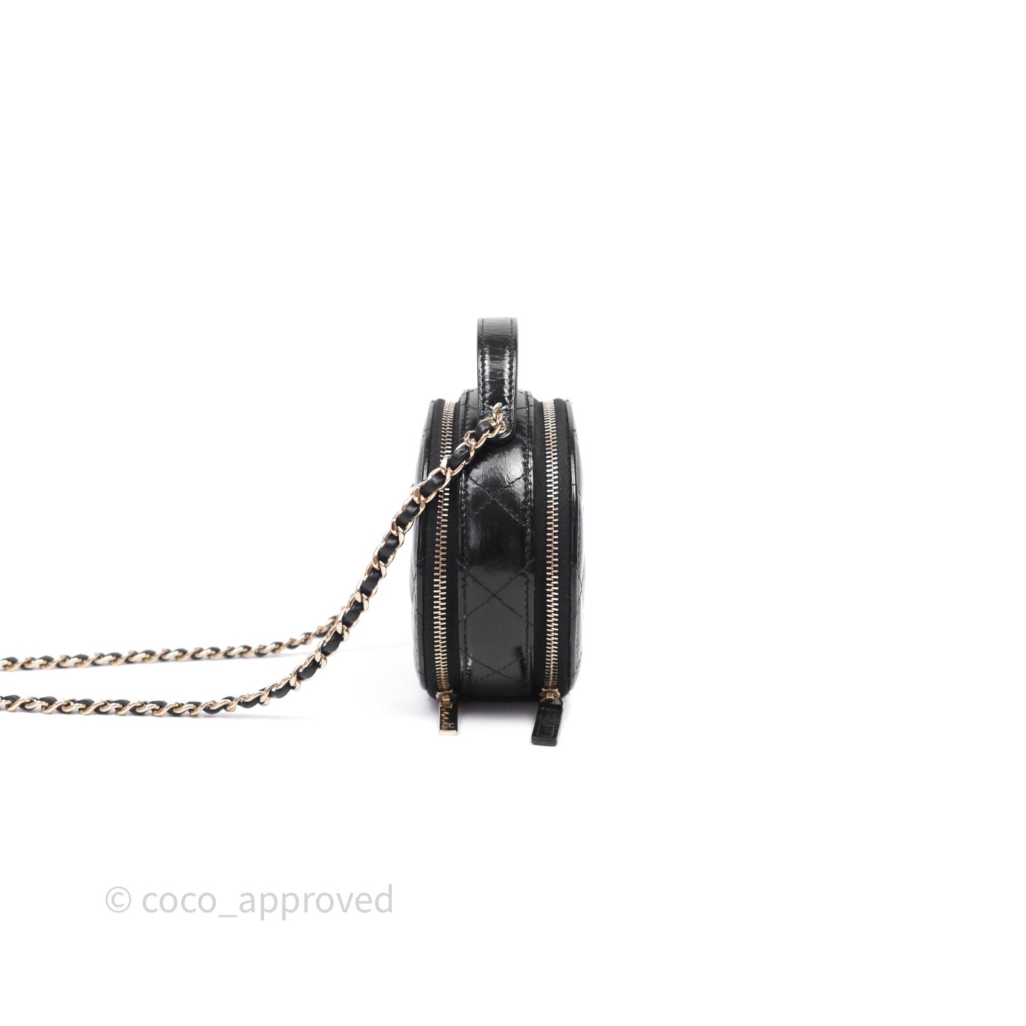 Chanel Mini Round Vanity Bag Handle With Care Black Glazed Lambskin Gold Hardware