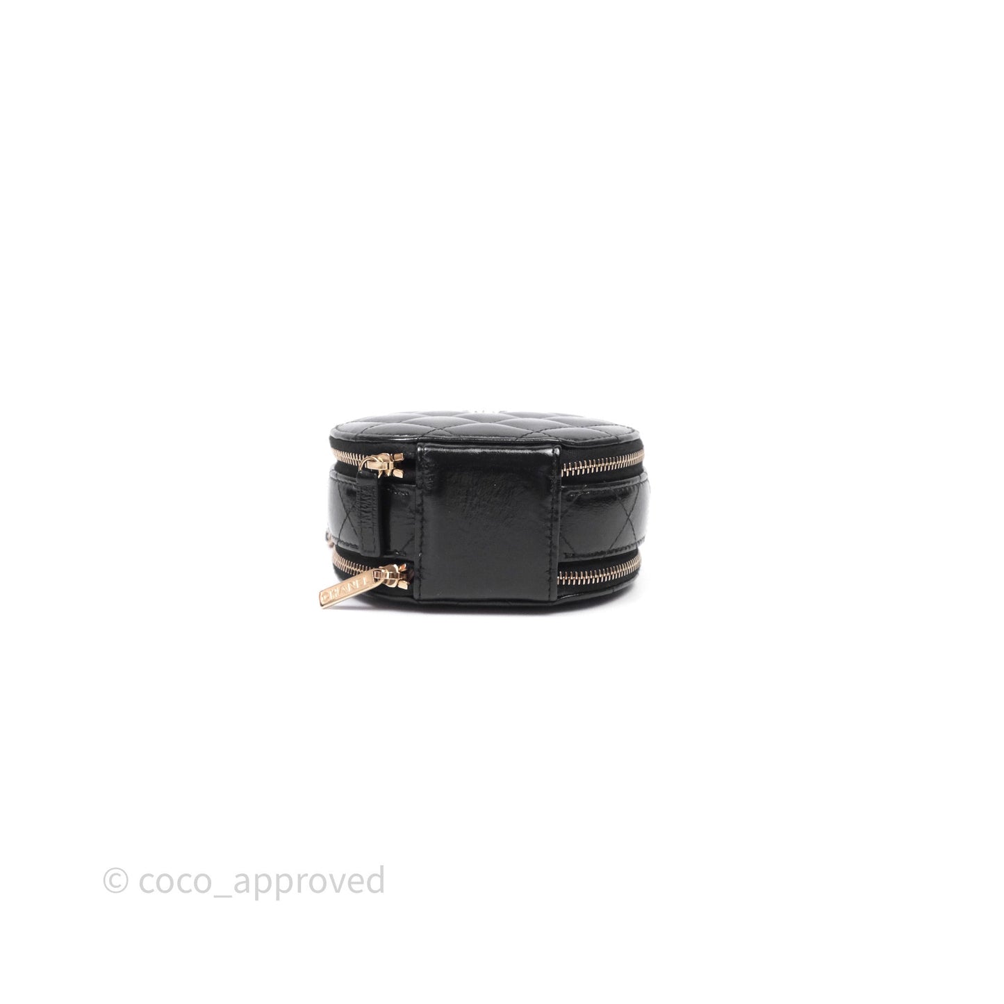 Chanel Mini Round Vanity Bag Handle With Care Black Glazed Lambskin Gold Hardware