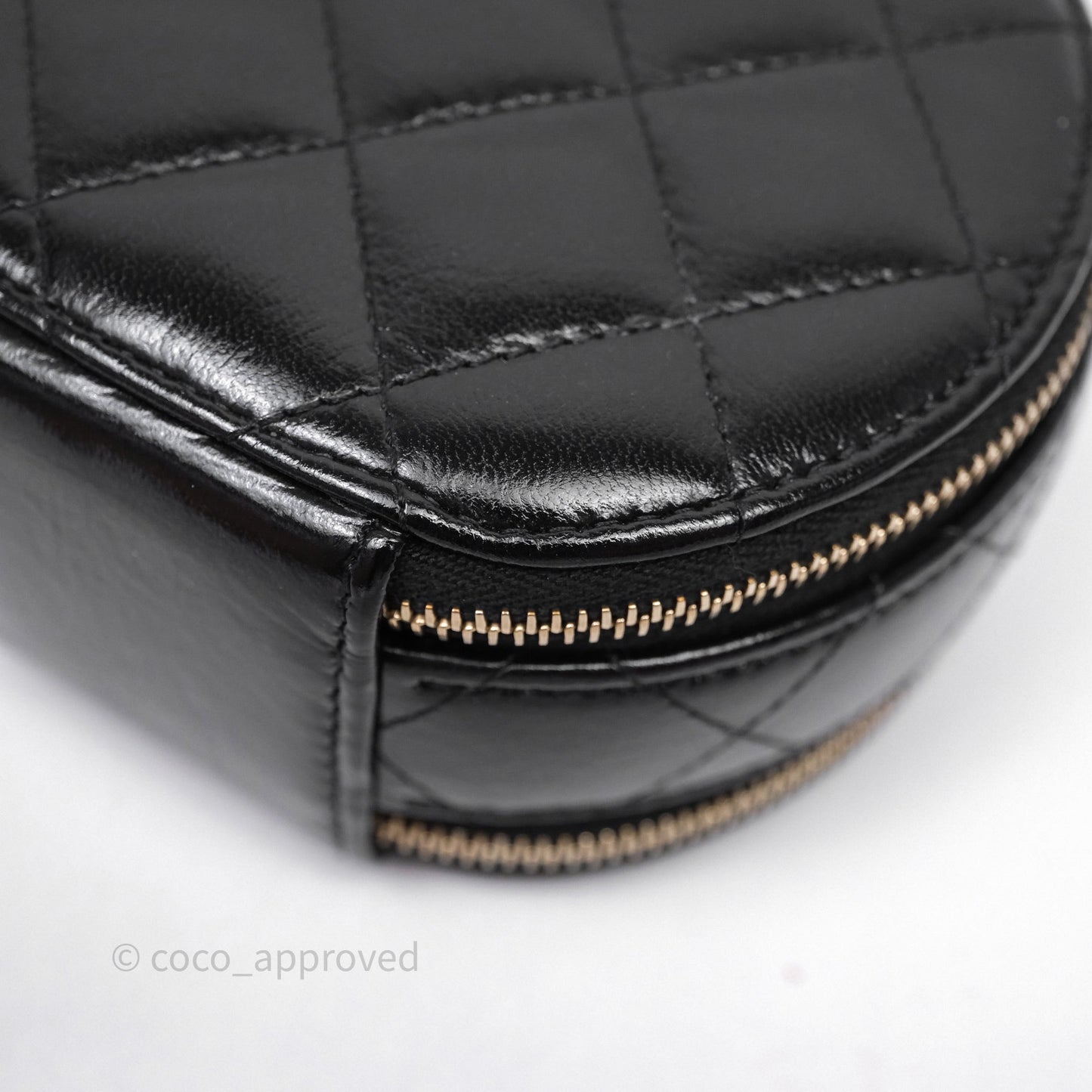 Chanel Mini Round Vanity Bag Handle With Care Black Glazed Lambskin Gold Hardware