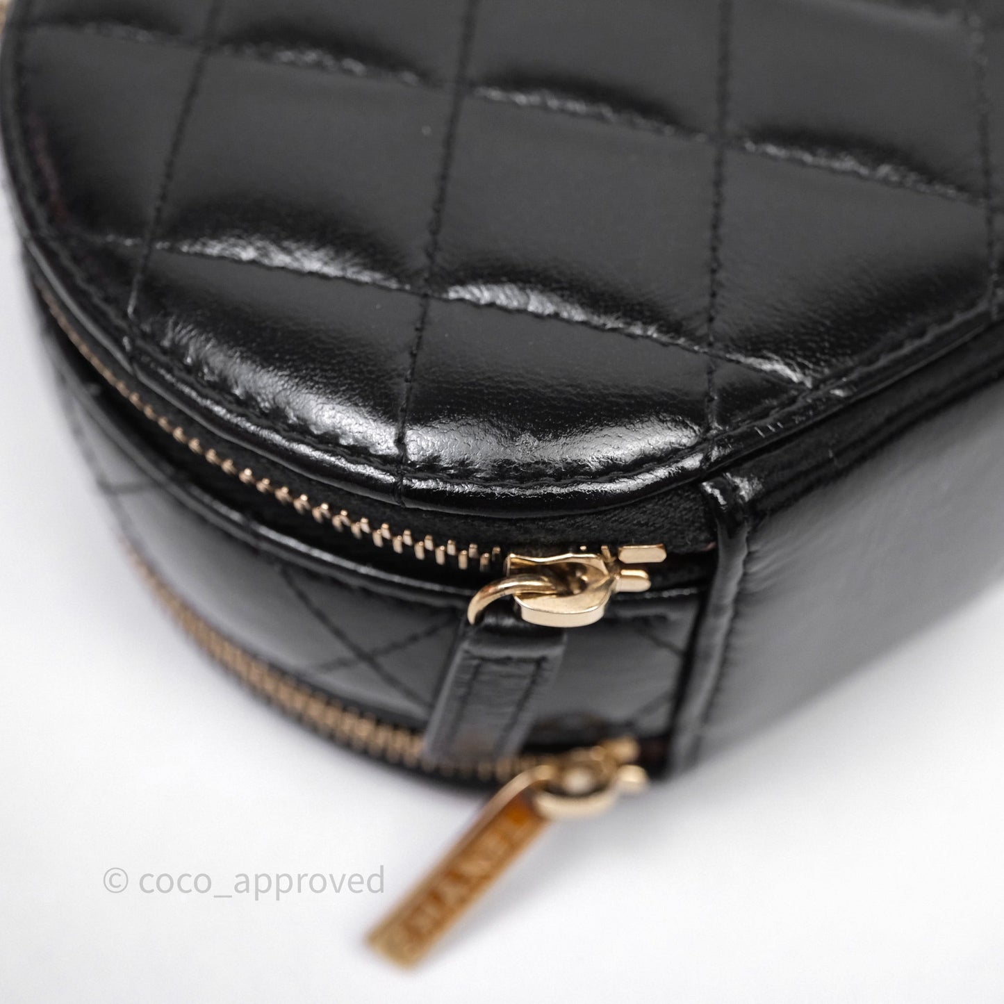 Chanel Mini Round Vanity Bag Handle With Care Black Glazed Lambskin Gold Hardware