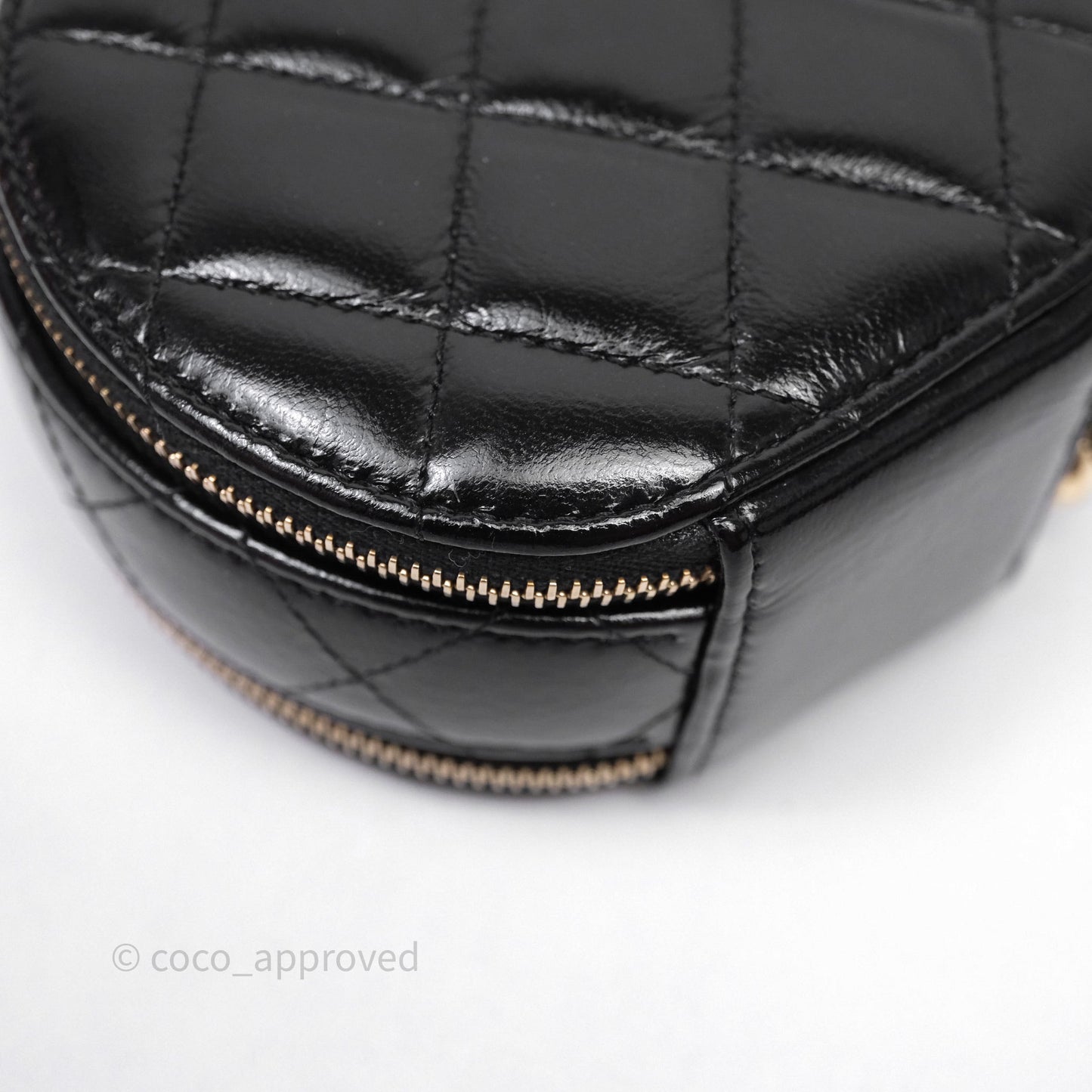 Chanel Mini Round Vanity Bag Handle With Care Black Glazed Lambskin Gold Hardware