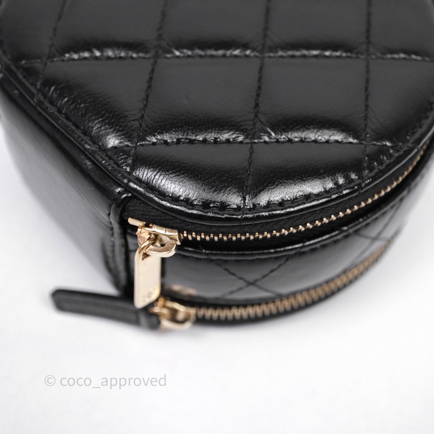 Chanel Mini Round Vanity Bag Handle With Care Black Glazed Lambskin Gold Hardware