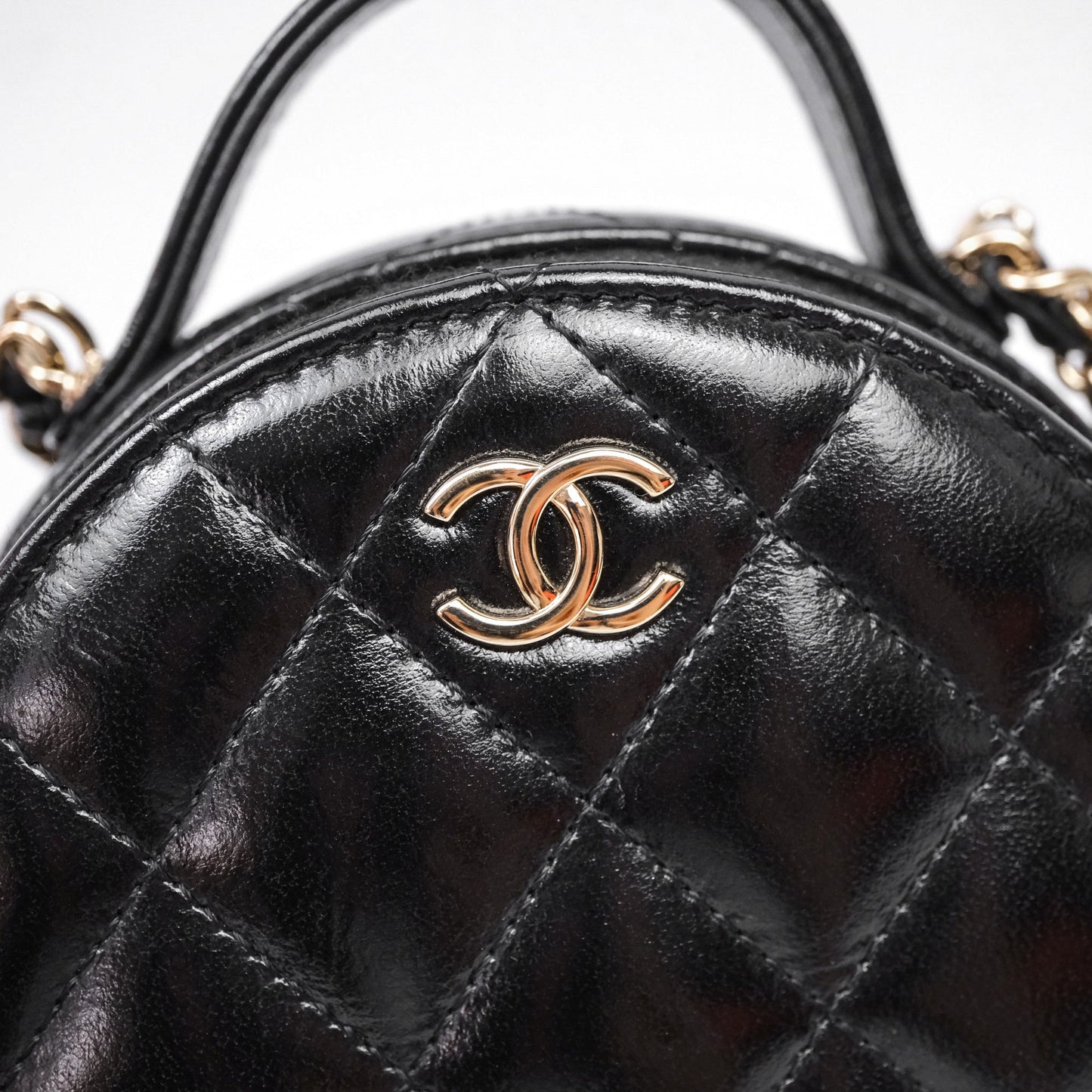 Chanel Mini Round Vanity Bag Handle With Care Black Glazed Lambskin Gold Hardware