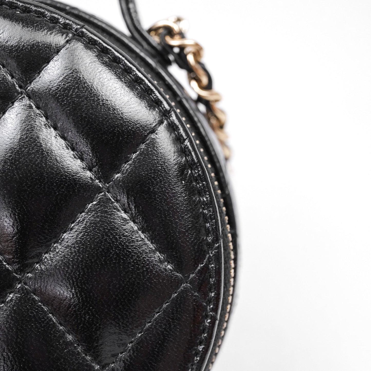 Chanel Mini Round Vanity Bag Handle With Care Black Glazed Lambskin Gold Hardware