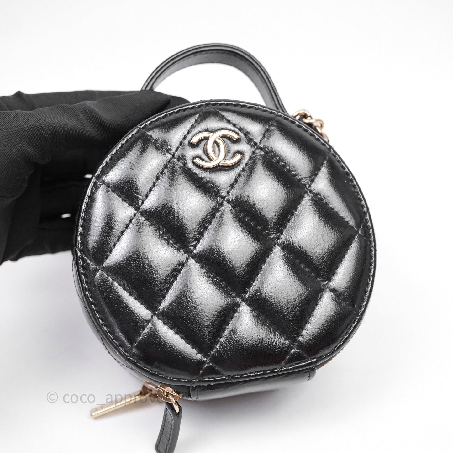 Chanel Mini Round Vanity Bag Handle With Care Black Glazed Lambskin Gold Hardware