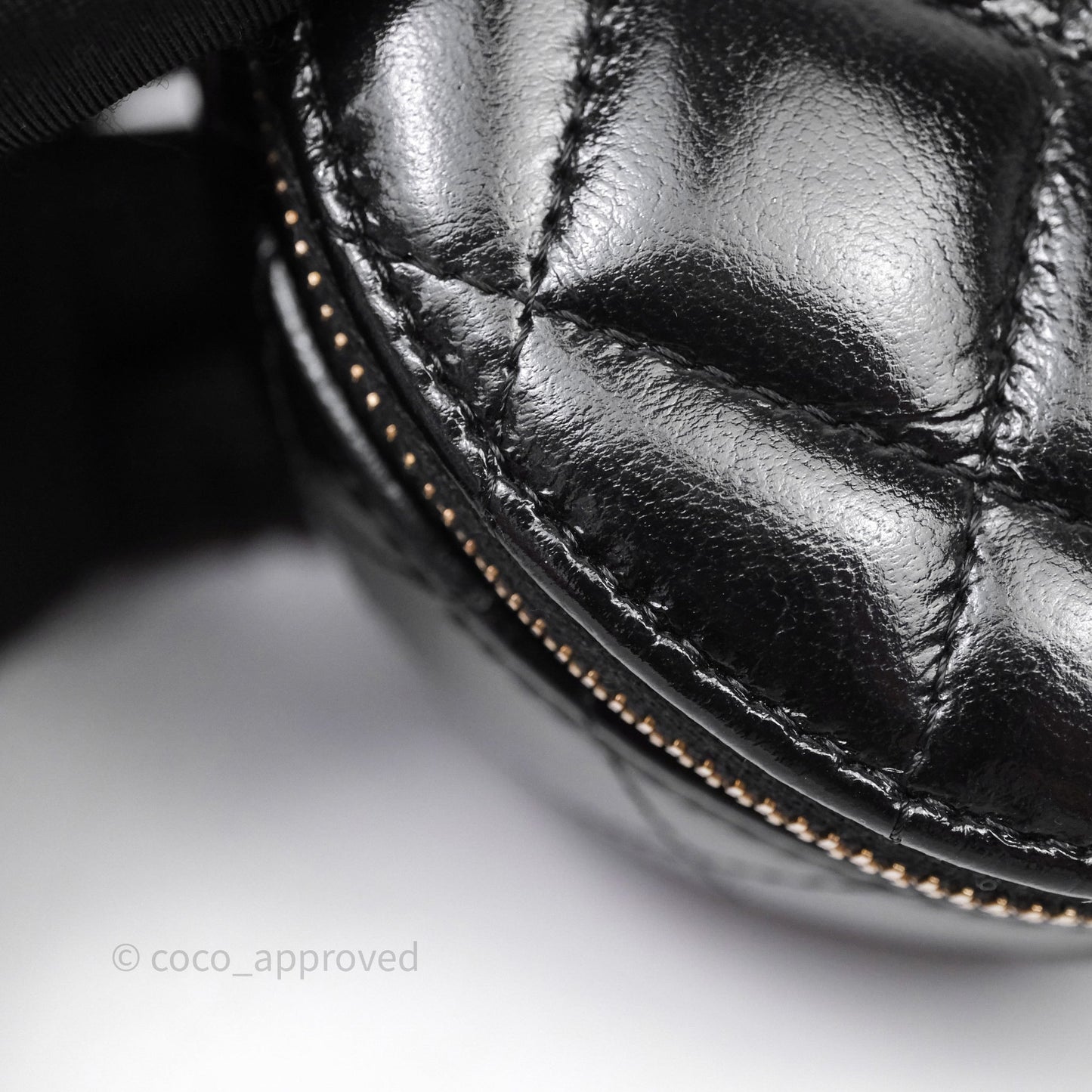 Chanel Mini Round Vanity Bag Handle With Care Black Glazed Lambskin Gold Hardware