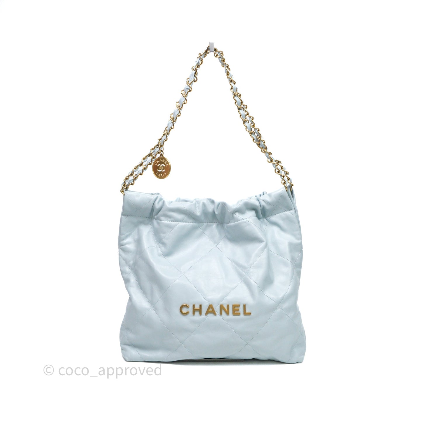Chanel 22 Small Light Blue Shiny Calfskin Aged Gold Hardware