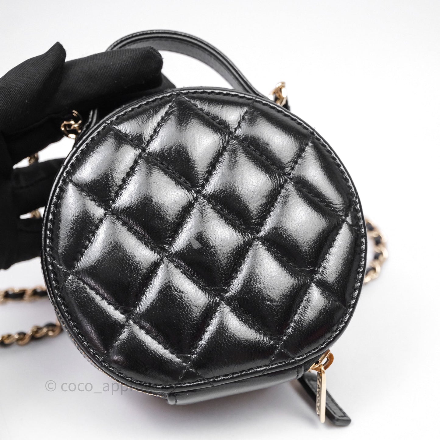 Chanel Mini Round Vanity Bag Handle With Care Black Glazed Lambskin Gold Hardware