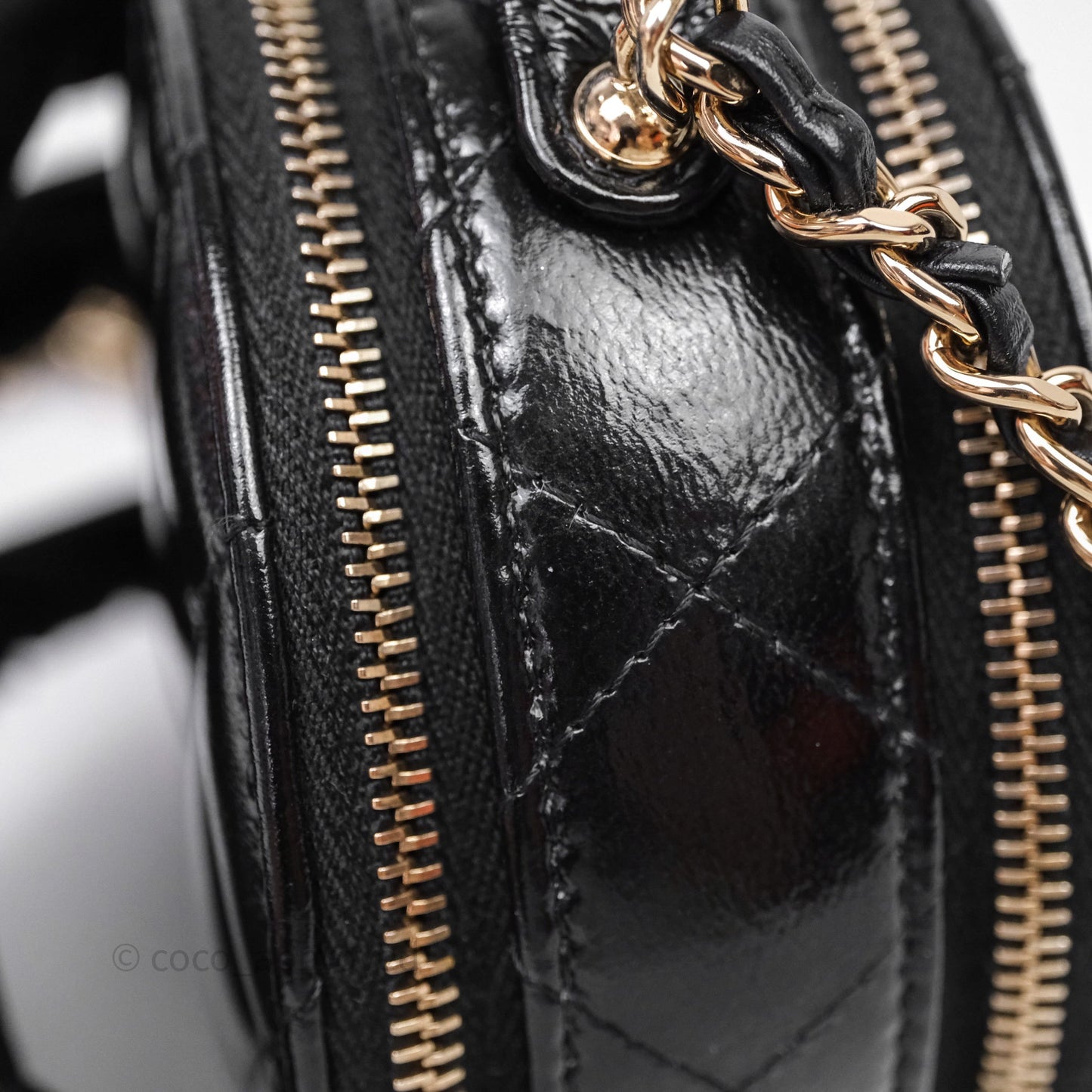 Chanel Mini Round Vanity Bag Handle With Care Black Glazed Lambskin Gold Hardware