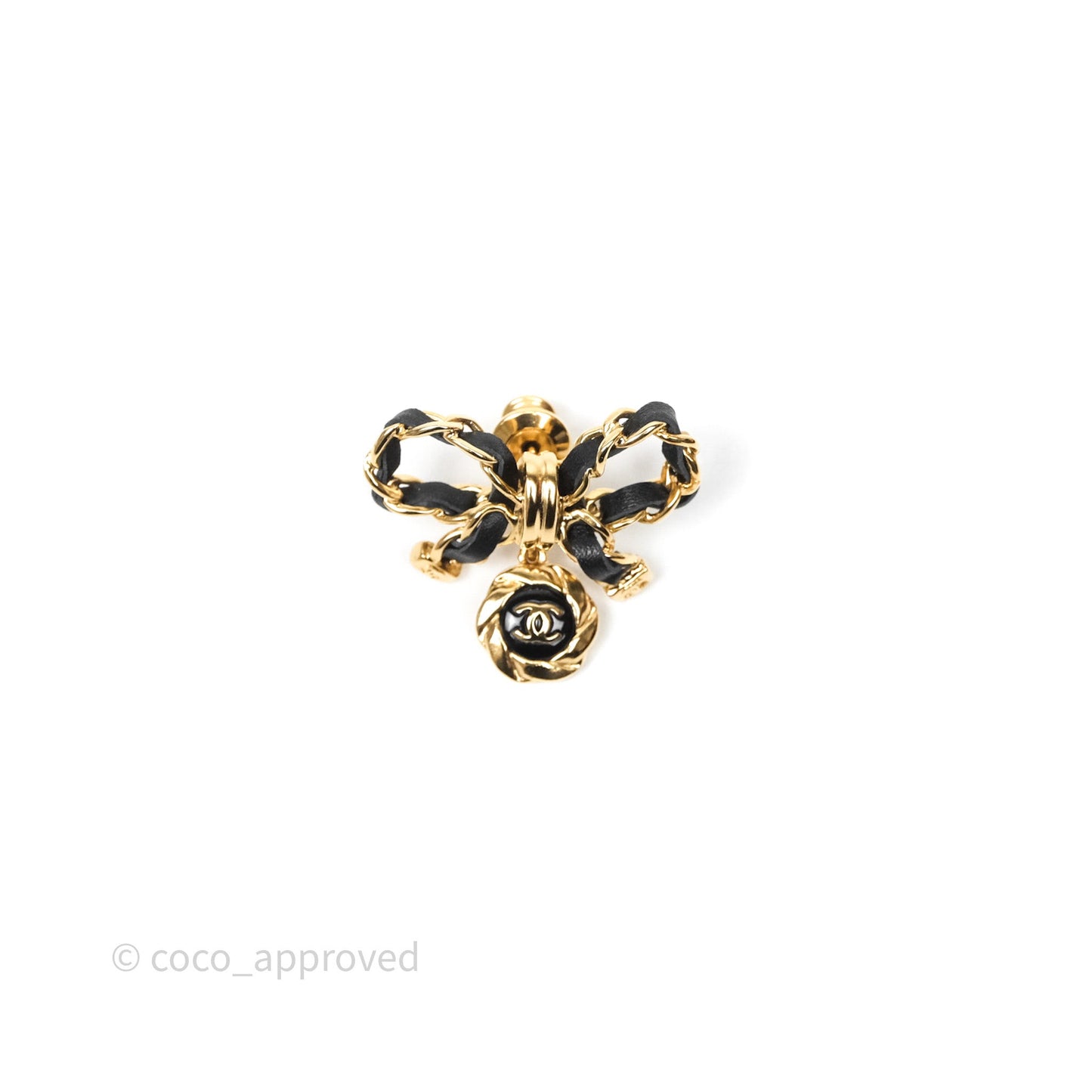 Chanel Lambskin Chain Bow Brooch Black Gold Tone 22A