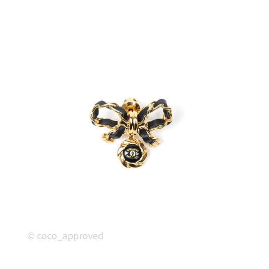 Chanel Lambskin Chain Bow Brooch Black Gold Tone 22A
