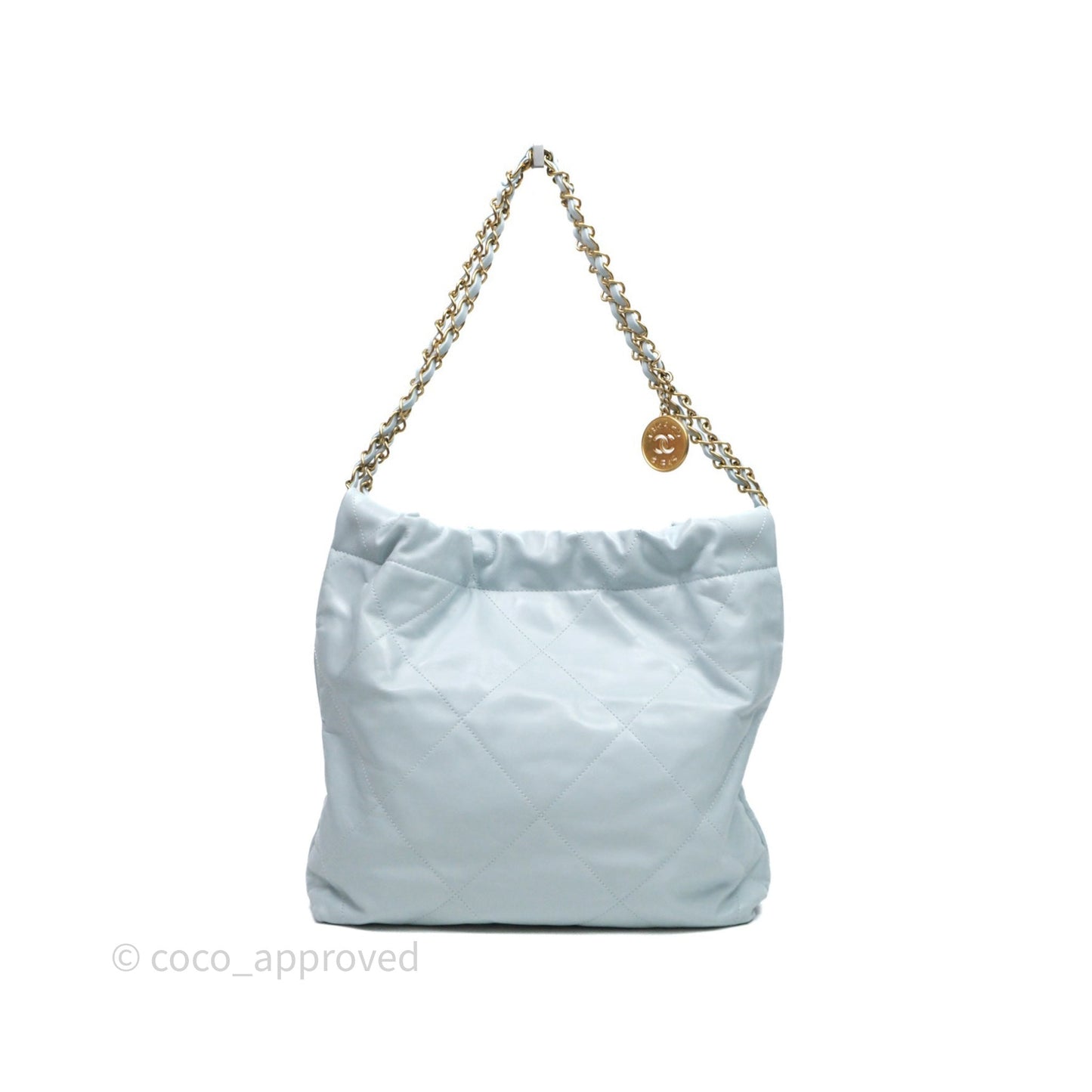 Chanel 22 Small Light Blue Shiny Calfskin Aged Gold Hardware