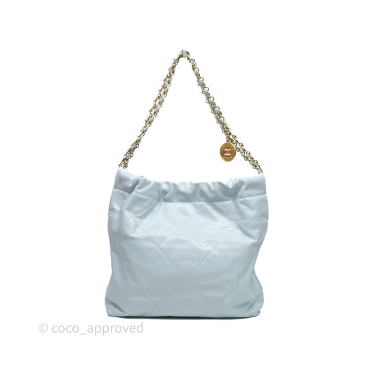 Chanel 22 Small Light Blue Shiny Calfskin Aged Gold Hardware