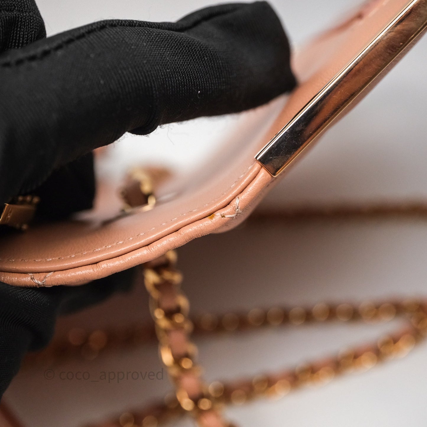 Chanel Quilted Frame Wallet On Chain WOC Beige Lambskin Rose Gold Hardware