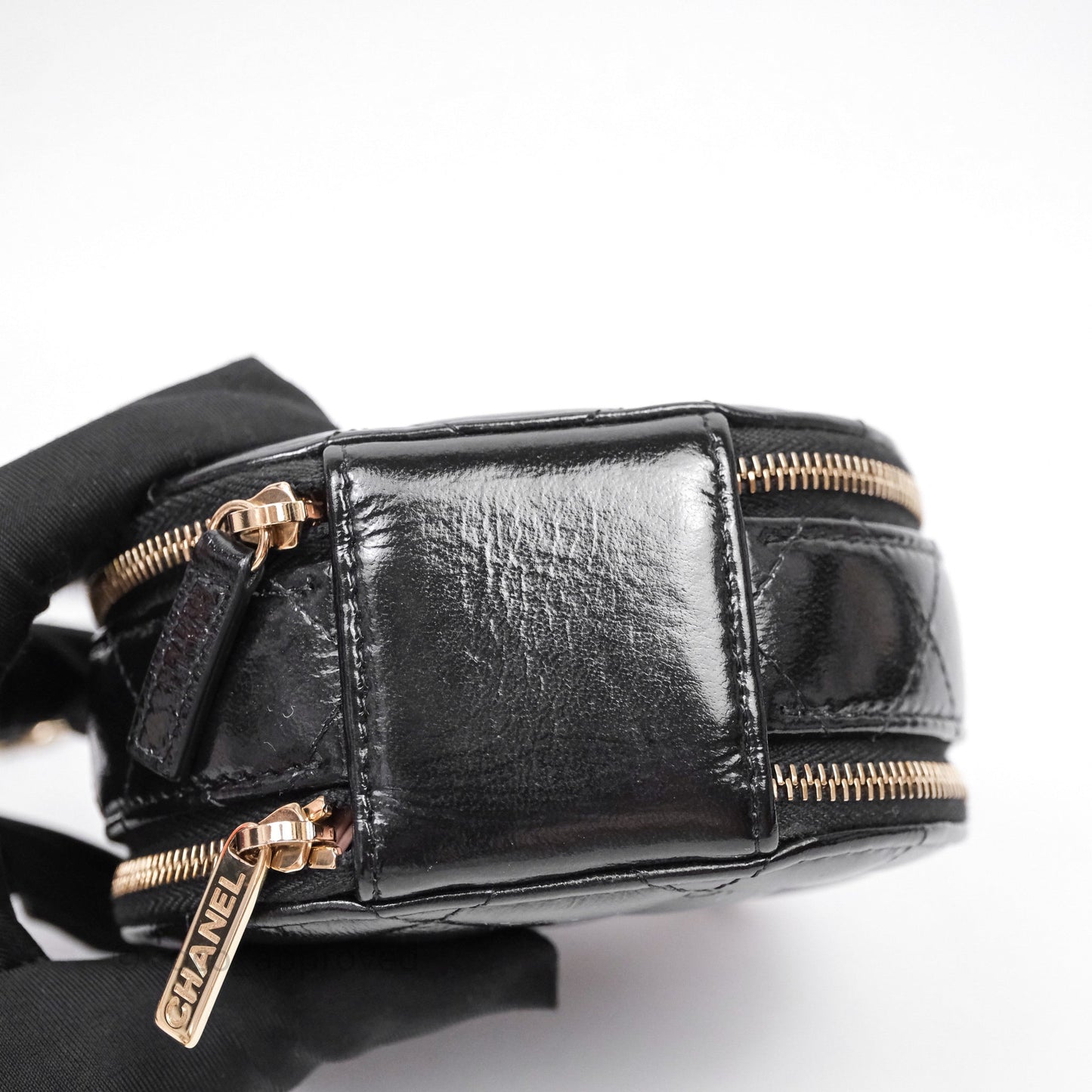 Chanel Mini Round Vanity Bag Handle With Care Black Glazed Lambskin Gold Hardware