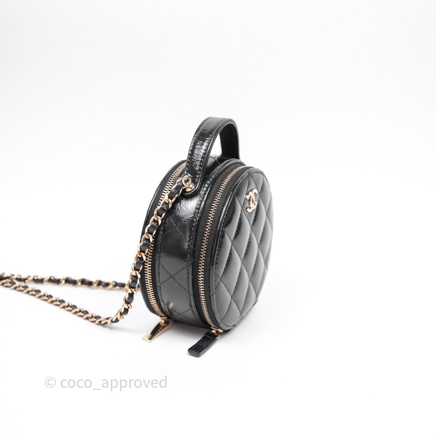 Chanel Mini Round Vanity Bag Handle With Care Black Glazed Lambskin Gold Hardware